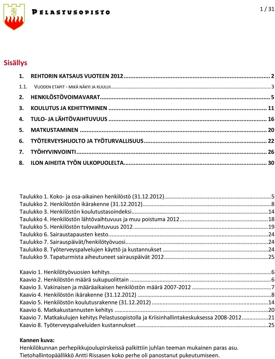 .. 5 Taulukko 2. Henkilöstön ikärakenne (31.12.2012)... 8 Taulukko 3. Henkilöstön koulutustasoindeksi... 14 Taulukko 4. Henkilöstön lähtövaihtuvuus ja muu poistuma 2012... 18 Taulukko 5.