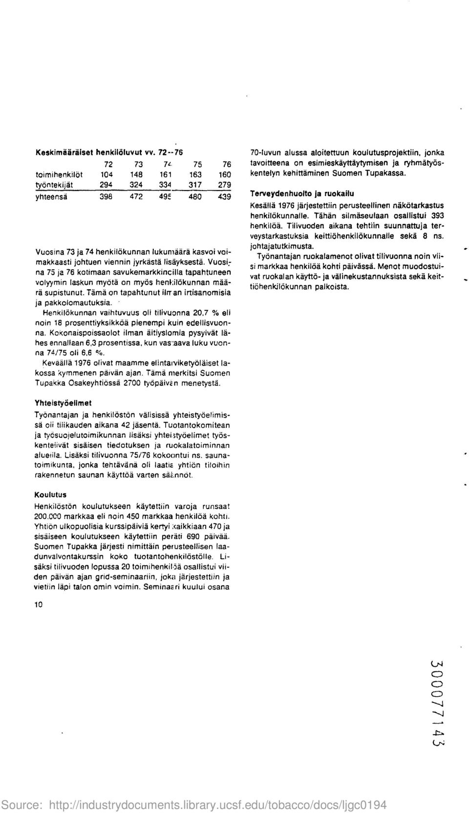 jyrkasta lisayksesta. Vuosina 75 ja 76 kotimaan savukemarkkincilla tapahtuneen volyymin laskun myota on myos henkilokunnan maara supistunut.