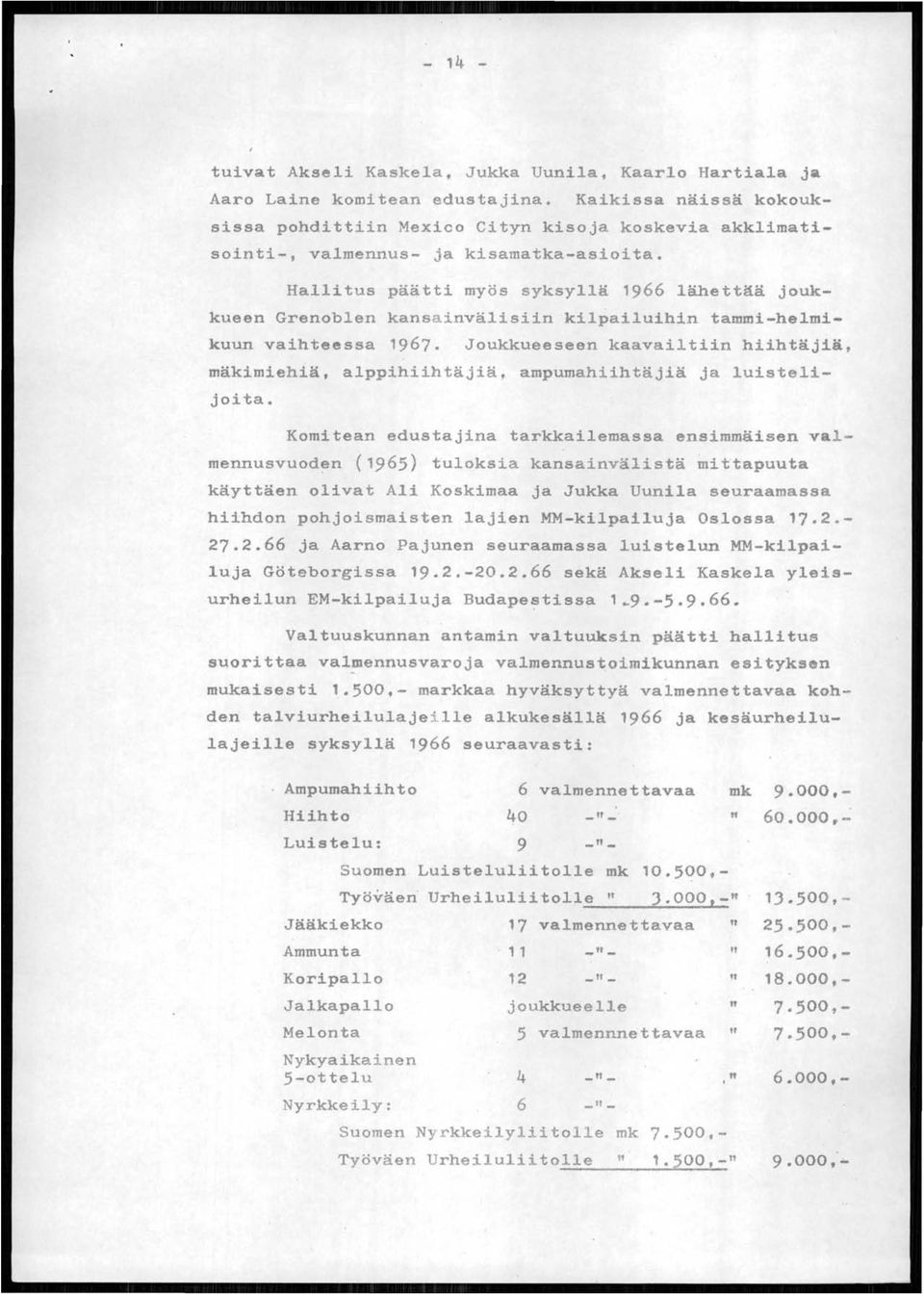 Hallitus päätti myös syksyllä 1966 lähettää joukkueen Grenoblen kansa invälisiin kilpailuihin tammi-helmikuun vaihteessa 1967.