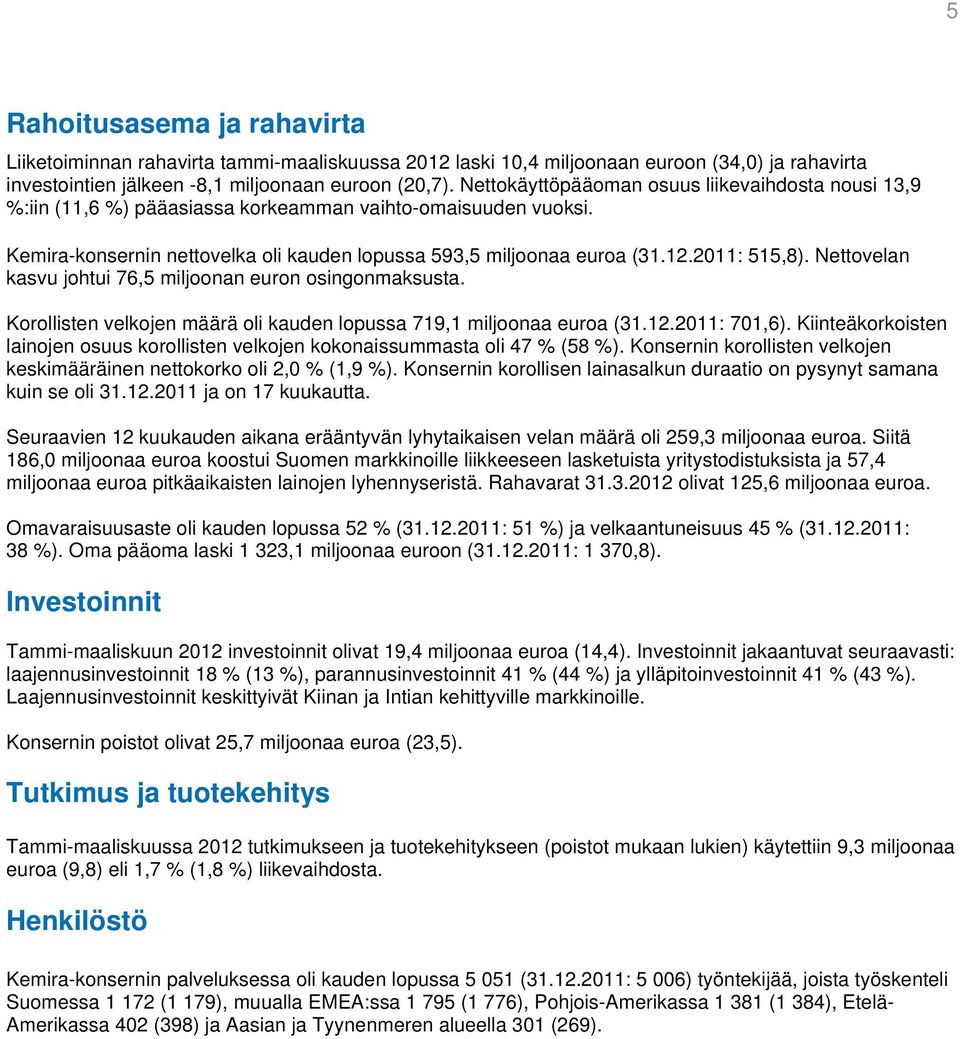 2011: 515,8). Nettovelan kasvu johtui 76,5 miljoonan euron osingonmaksusta. Korollisten velkojen määrä oli kauden lopussa 719,1 miljoonaa euroa (31.12.2011: 701,6).