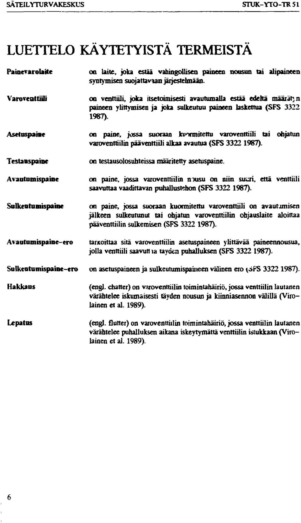 on venttiili, joka itsetoimisesti avautumalla estää edeltä määräin paineen ylittymisen ja joka sulkeutuu paineen laskettua (SFS 3322 1987).