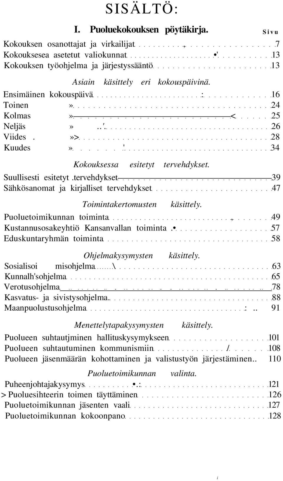 Ensimäinen kokouspäivä : 16 Toinen» 24 Kolmas» < 25 Neljäs»..'. 26 Viides.»> 28 Kuudes» ' 34 Kokouksessa esitetyt tervehdykset. Suullisesti esitetyt.