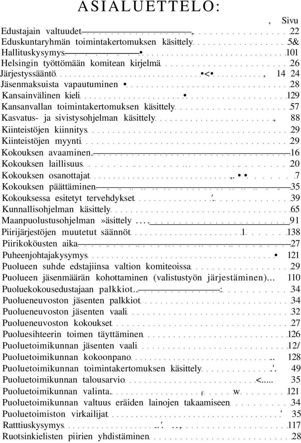 avaaminen. 16 Kokouksen laillisuus 20 Kokouksen osanottajat,. 7 Kokouksen päättäminen 35 Kokouksessa esitetyt tervehdykset '. 39 Kunnallisohjelman käsittely 65 Maanpuolustusohjelman»äsittely.