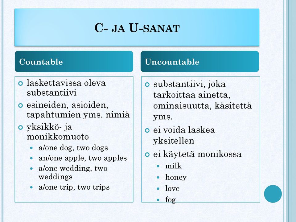wedding, two weddings a/one trip, two trips Uncountable substantiivi, joka tarkoittaa