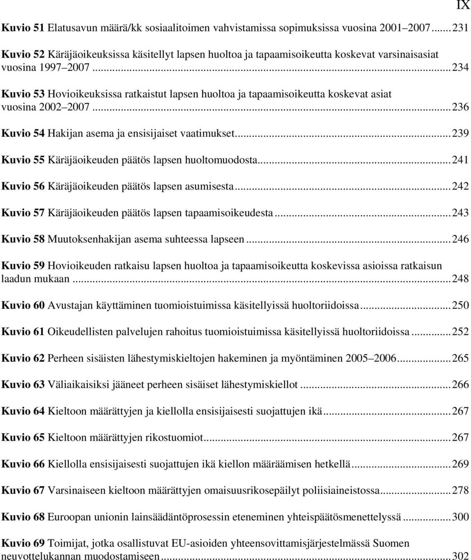 ..234 Kuvio 53 Hovioikeuksissa ratkaistut lapsen huoltoa ja tapaamisoikeutta koskevat asiat vuosina 2002 2007...236 Kuvio 54 Hakijan asema ja ensisijaiset vaatimukset.