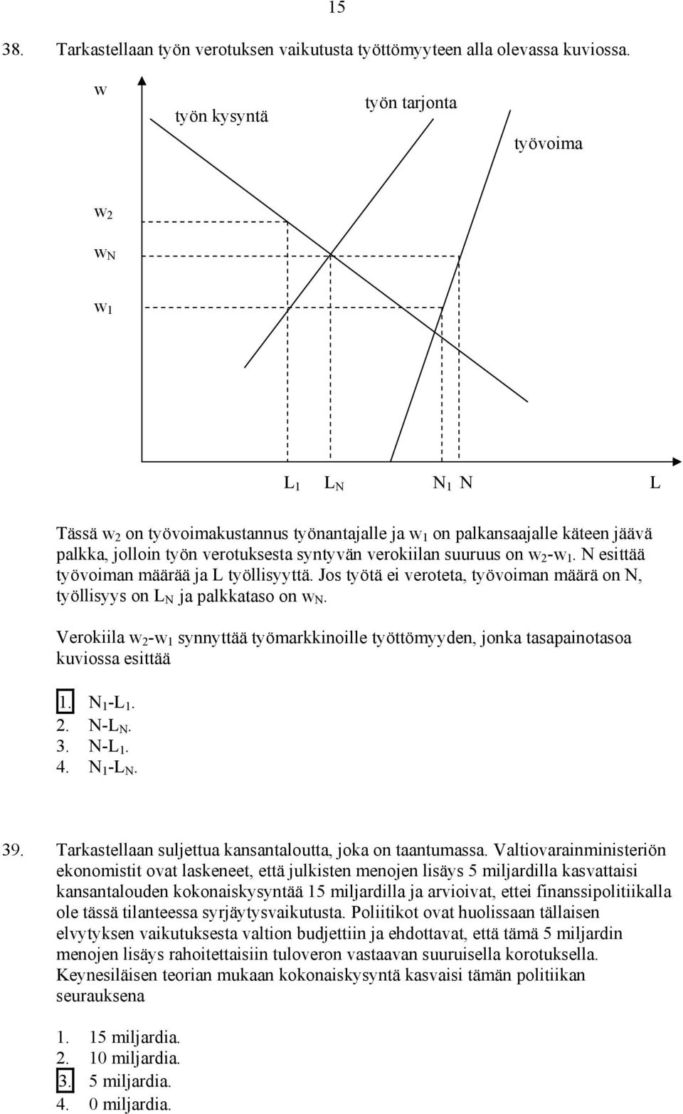 verokiilan suuruus on w 2 -w 1. N esittää työvoiman määrää ja L työllisyyttä. Jos työtä ei veroteta, työvoiman määrä on N, työllisyys on L N ja palkkataso on w N.