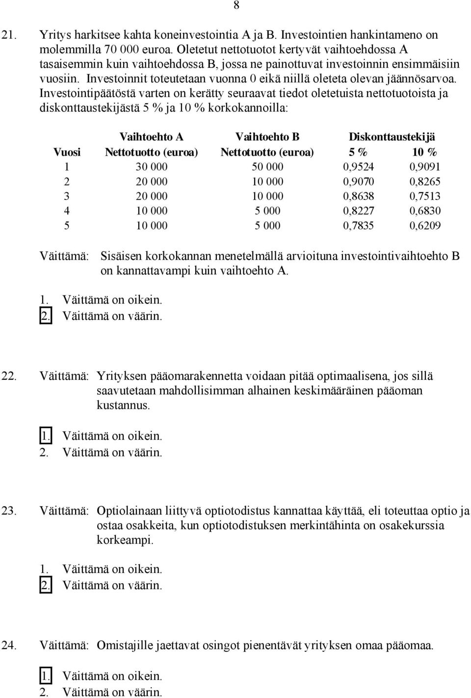 Investoinnit toteutetaan vuonna 0 eikä niillä oleteta olevan jäännösarvoa.