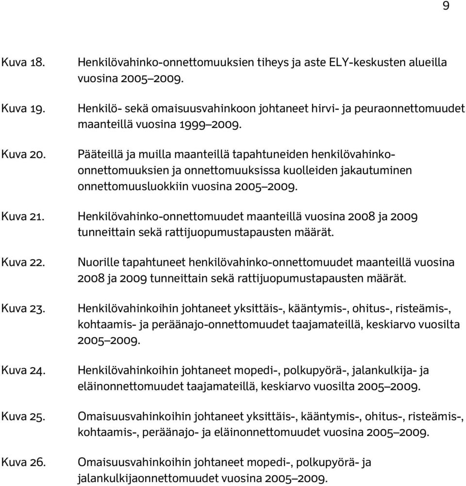 Pääteillä ja muilla maanteillä tapahtuneiden henkilövahinkoonnettomuuksien ja onnettomuuksissa kuolleiden jakautuminen onnettomuusluokkiin vuosina 2005 2009. Kuva 21.