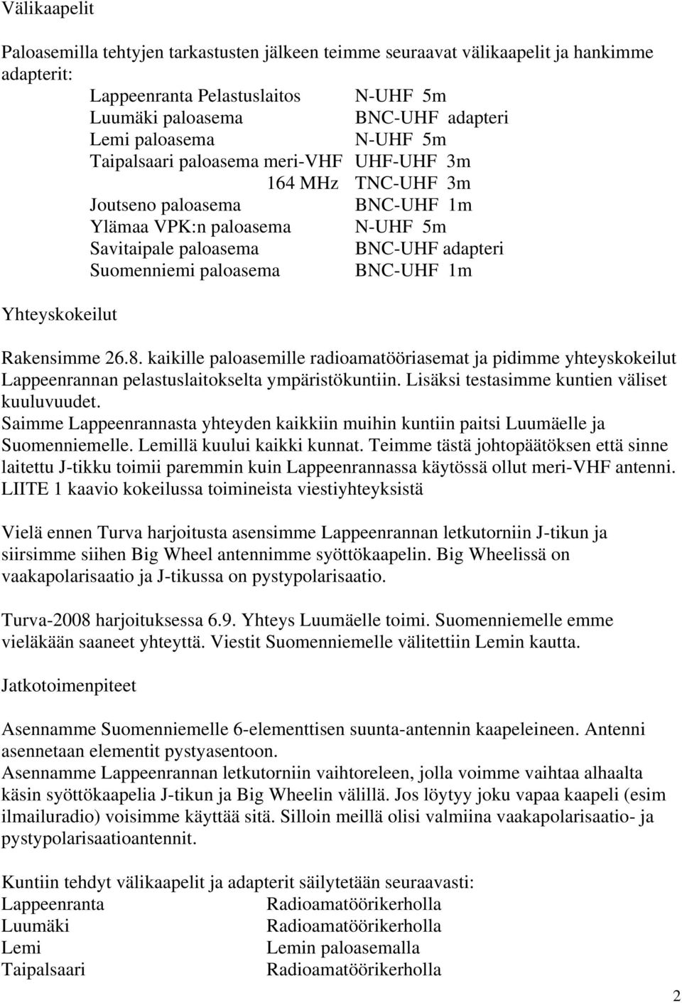 BNC-UHF 1m Yhteyskokeilut Rakensimme 26.8. kaikille paloasemille radioamatööriasemat ja pidimme yhteyskokeilut Lappeenrannan pelastuslaitokselta ympäristökuntiin.