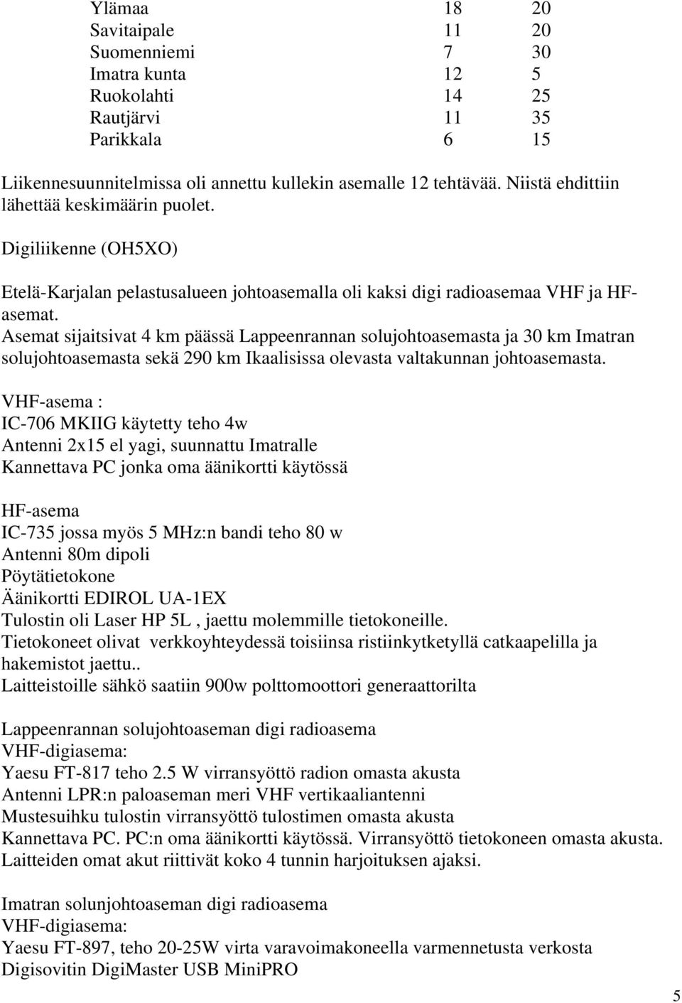 Asemat sijaitsivat 4 km päässä Lappeenrannan solujohtoasemasta ja 30 km Imatran solujohtoasemasta sekä 290 km Ikaalisissa olevasta valtakunnan johtoasemasta.