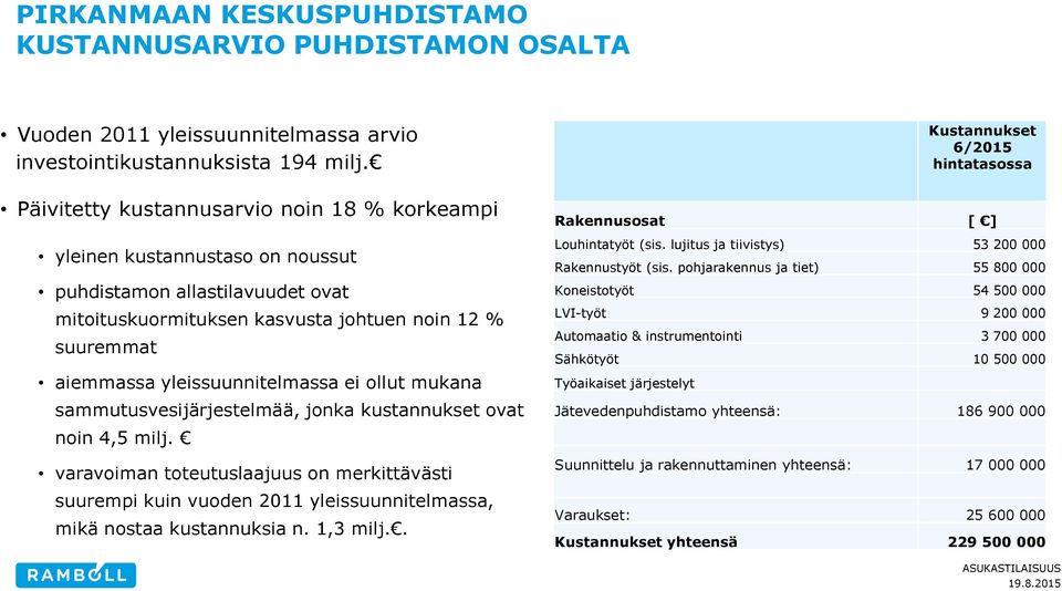 ei ollut mukana sammutusvesijärjestelmää, jonka kustannukset ovat noin 4,5 milj. varavoiman toteutuslaajuus on merkittävästi suurempi kuin vuoden 2011 yleissuunnitelmassa, mikä nostaa kustannuksia n.