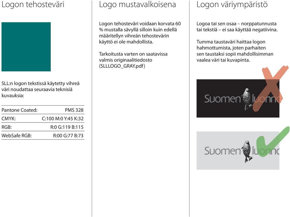 määritellyn vihreän tehostevärin käyttö ei ole mahdollista. Tarkoitusta varten on saatavissa valmis originaalitiedosto (SLLLOGO_GRAY.