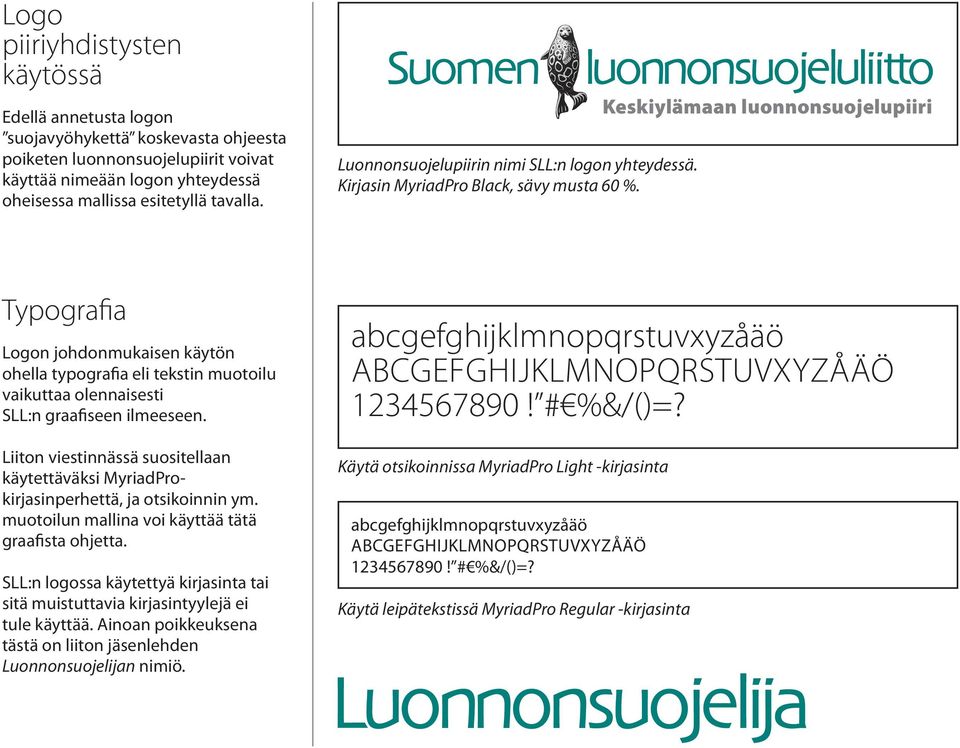 Keskiylämaan luonnonsuojelupiiri Typografia Logon johdonmukaisen käytön ohella typografia eli tekstin muotoilu vaikuttaa olennaisesti SLL:n graafiseen ilmeeseen.