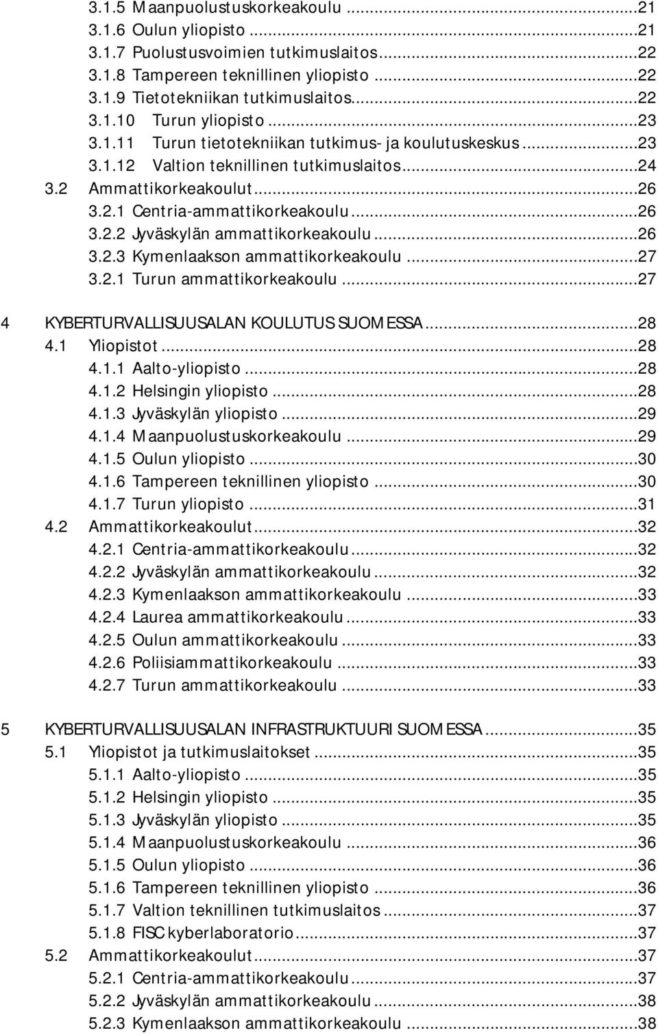 .. 26 3.2.3 Kymenlaakson ammattikorkeakoulu... 27 3.2.1 Turun ammattikorkeakoulu... 27 4 KYBERTURVALLISUUSALAN KOULUTUS SUOMESSA... 28 4.1 Yliopistot... 28 4.1.1 Aalto-yliopisto... 28 4.1.2 Helsingin yliopisto.