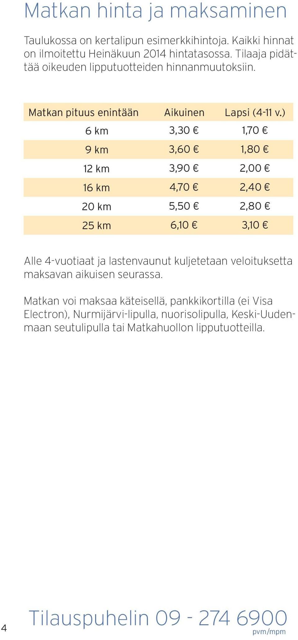 ) 6 km 3,30 1,70 9 km 3,60 1,80 12 km 3,90 2,00 16 km 4,70 2,40 20 km 5,50 2,80 25 km 6,10 3,10 Alle 4vuotiaat ja lastenvaunut kuljetetaan veloituksetta