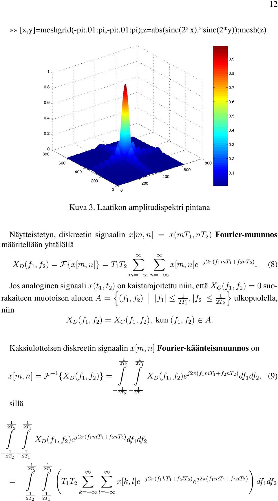 (8) m= n= Jos analoginen signaali x(t, t 2 ){ on kaistarajoitettu niin, että X C (f, f 2 ) = 0 suorakaiteen muotoisen alueen A = (f, f 2 ) } f 2T, f 2 2T 2 ulkopuolella, niin X D (f, f 2 ) = X C (f,