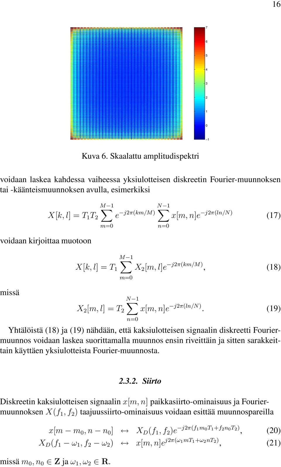 missä m=0 M X[k, l] = T N e j2π(km/m) m=0 N X 2 [m, l] = T 2 n=0 n=0 x[m, n]e j2π(ln/n) (7) X 2 [m, l]e j2π(km/m), (8) x[m, n]e j2π(ln/n).