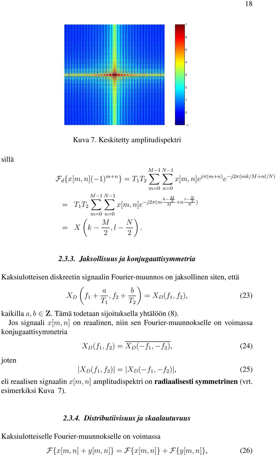 3. Jaksollisuus ja konjugaattisymmetria Kaksiulotteisen diskreetin signaalin Fourier-muunnos on jaksollinen siten, että X D ( f + a T, f 2 + b T 2 ) = X D (f, f 2 ), (23) kaikilla a, b Z.