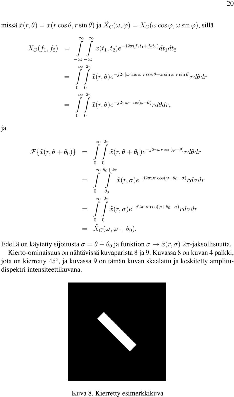 x(r, σ)e j2πωr cos(ϕ+θ 0 σ) rdσdr 0 0 = X C (ω, ϕ + θ 0 ). Edellä on käytetty sijoitusta σ = θ + θ 0 ja funktion σ x(r, σ) 2π-jaksollisuutta.