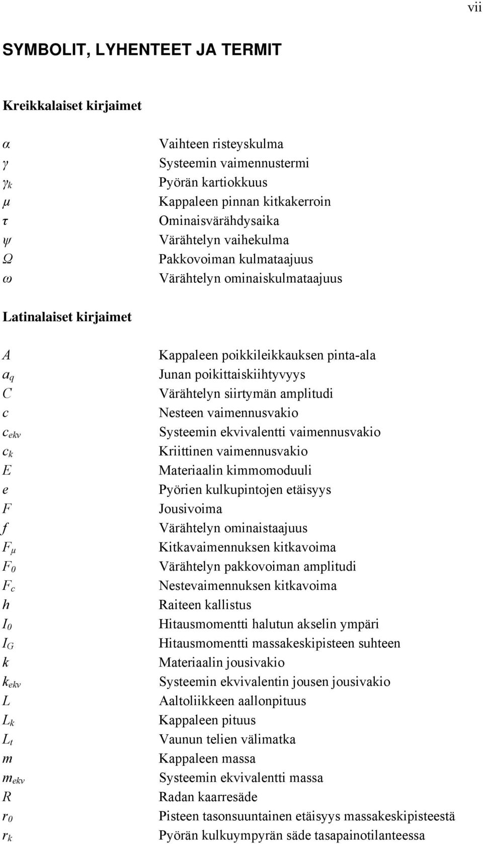 poikkileikkauksen pinta-ala Junan poikittaiskiihtyvyys Värähtelyn siirtymän amplitudi Nesteen vaimennusvakio Systeemin ekvivalentti vaimennusvakio Kriittinen vaimennusvakio Materiaalin kimmomoduuli