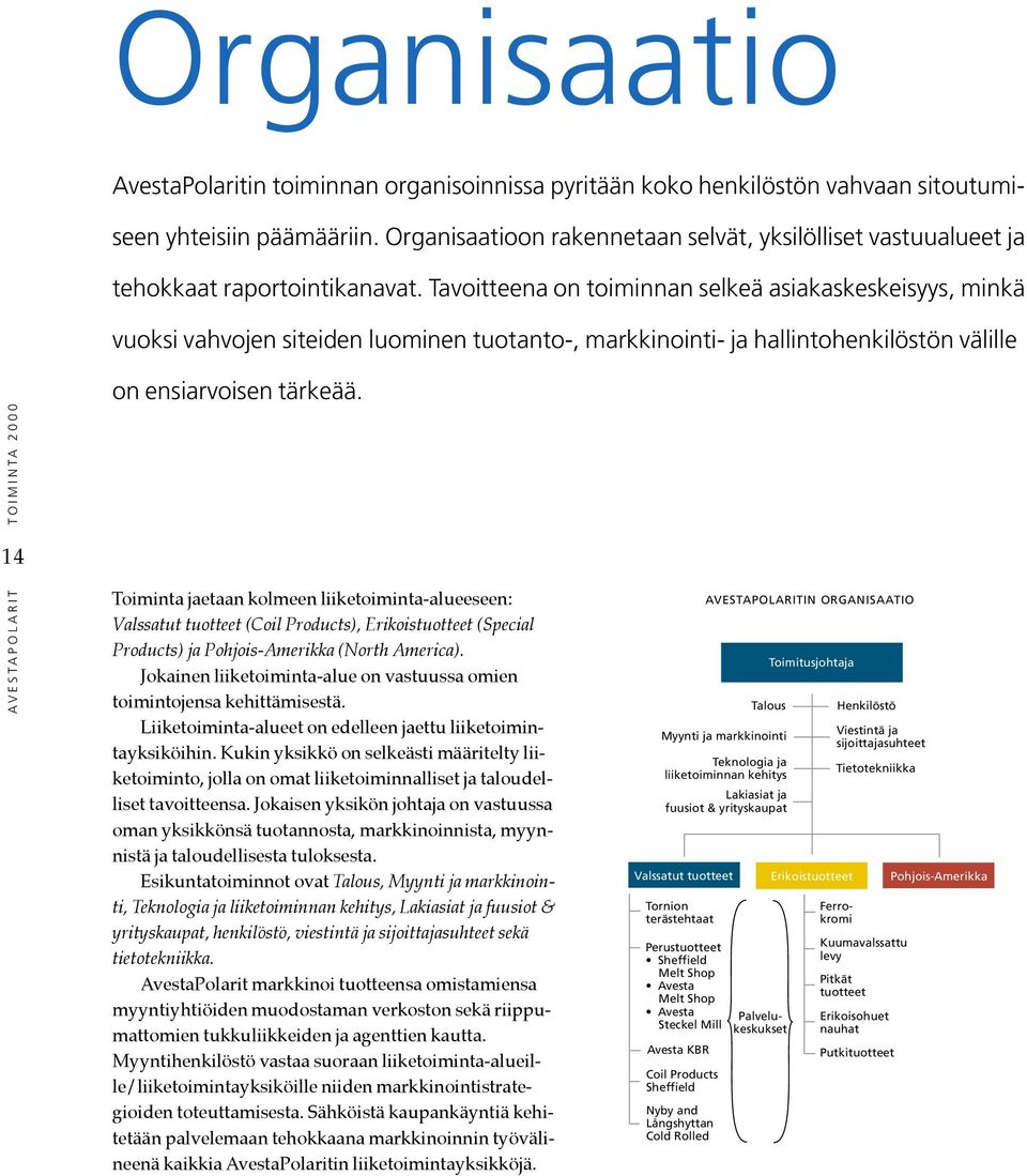 Tavoitteena on toiminnan selkeä asiakaskeskeisyys, minkä vuoksi vahvojen siteiden luominen tuotanto-, markkinointi- ja hallintohenkilöstön välille AVESTAPOLARIT TOIMINTA 2000 14 on ensiarvoisen