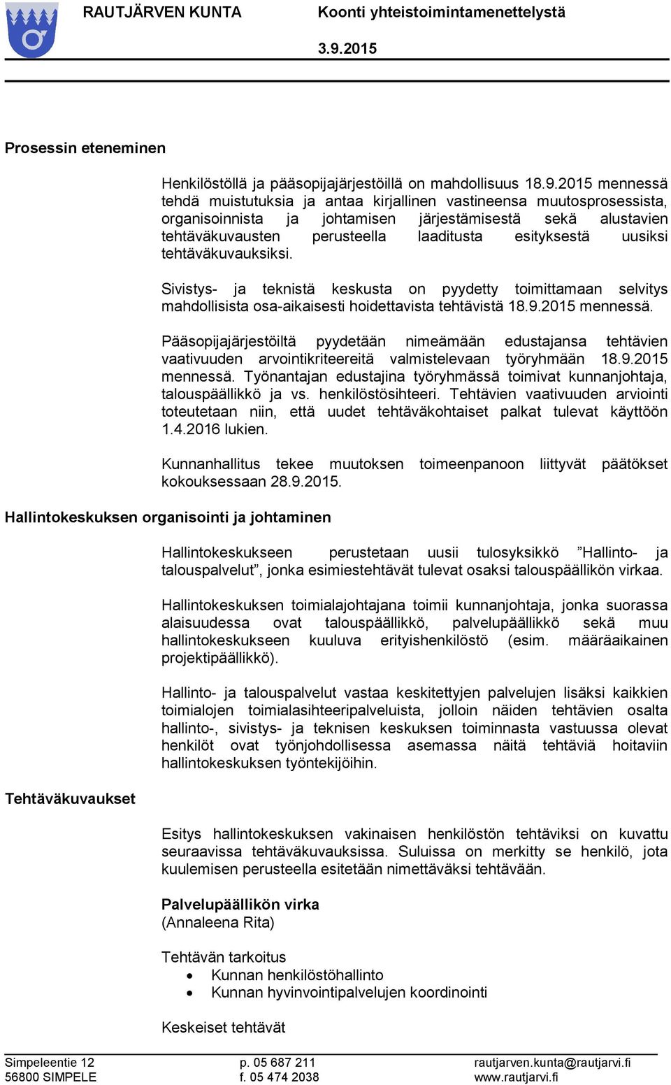 uusiksi tehtäväkuvauksiksi. Sivistys- ja teknistä keskusta on pyydetty toimittamaan selvitys mahdollisista osa-aikaisesti hoidettavista tehtävistä 18.9.2015 mennessä.