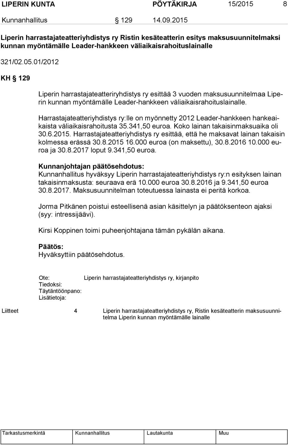 01/2012 KH 129 Liperin harrastajateatteriryhdistys ry esittää 3 vuoden maksusuunnitelmaa Li perin kunnan myöntämälle Leader-hankkeen väliaikaisrahoituslainalle.