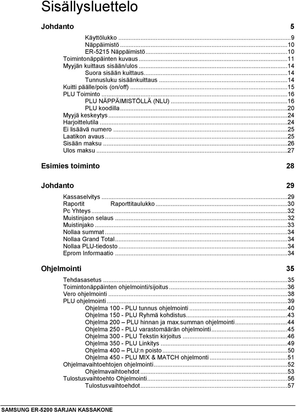 ..25 Laatikon avaus...25 Sisään maksu...26 Ulos maksu...27 Esimies toiminto 28 Johdanto 29 Kassaselvitys...29 Raportit Raporttitaulukko...30 Pc Yhteys...32 Muistinjaon selaus...32 Muistinjako.