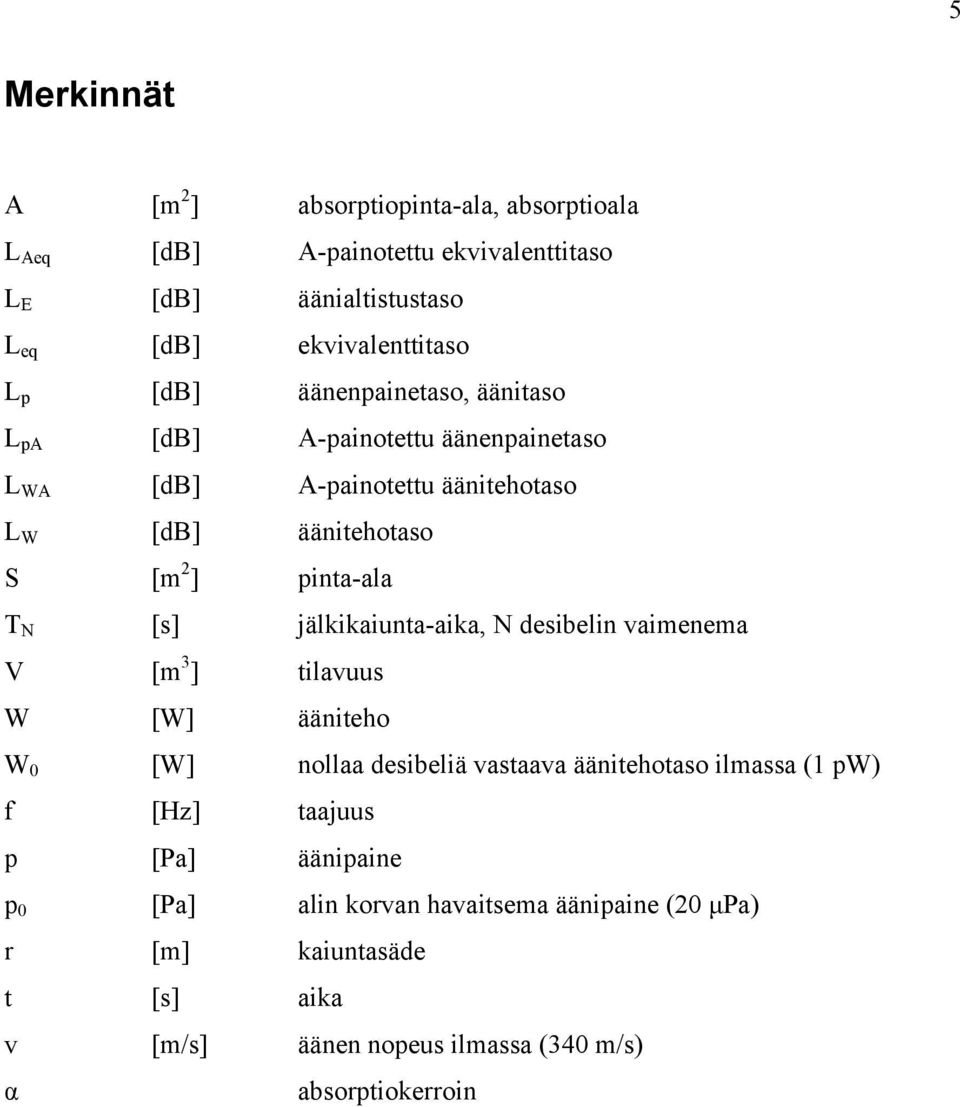 jälkikaiunta-aika, N desibelin vaimenema V [m 3 ] tilavuus W [W] ääniteho W 0 [W] nollaa desibeliä vastaava äänitehotaso ilmassa (1 pw) f [Hz] taajuus p