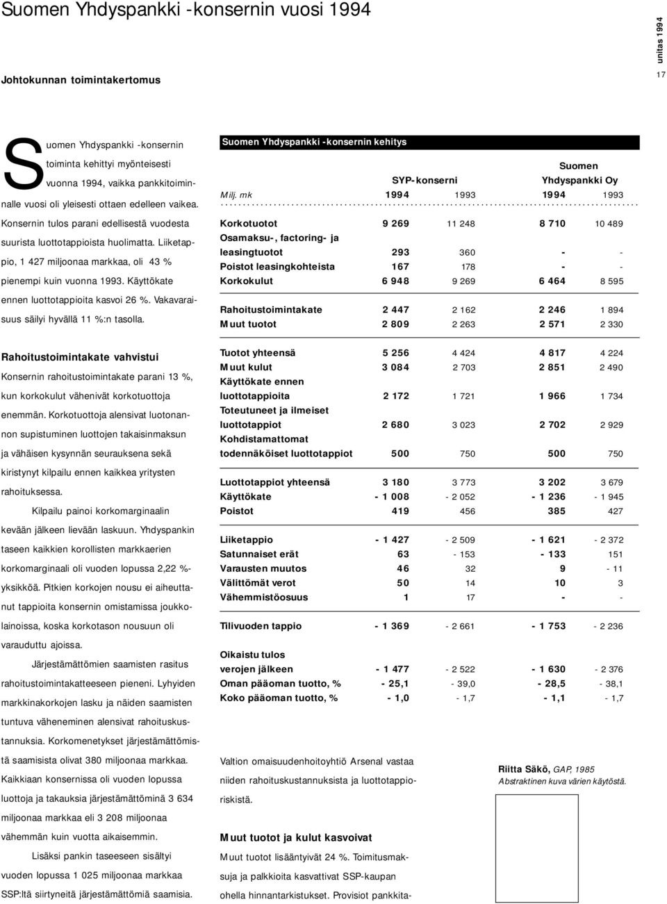 Käyttökate ennen luottotappioita kasvoi 26 %. Vakavaraisuus säilyi hyvällä 11 %:n tasolla. Suomen Yhdyspankki -konsernin kehitys Suomen SYP-konserni Yhdyspankki Oy Milj.