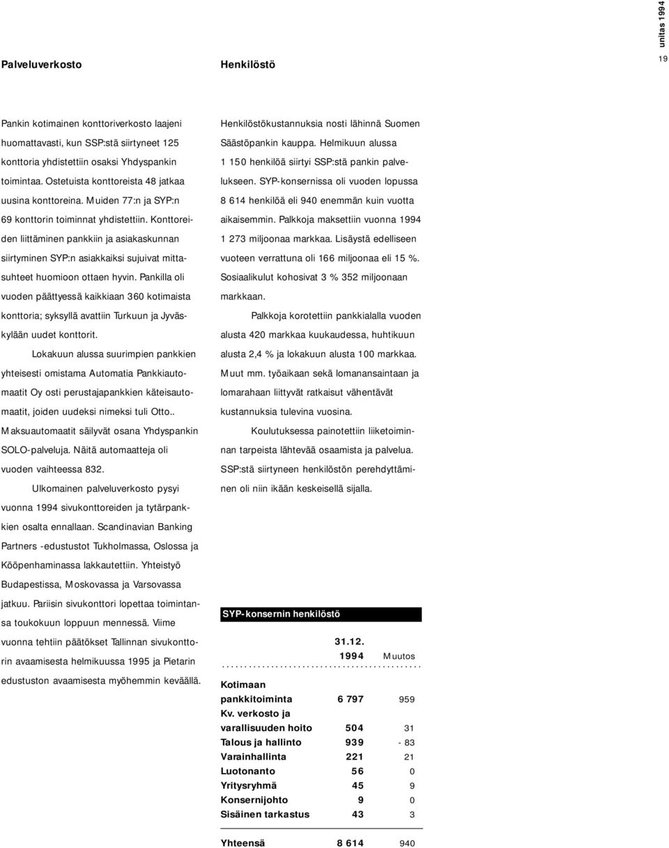 Konttoreiden liittäminen pankkiin ja asiakaskunnan siirtyminen SYP:n asiakkaiksi sujuivat mittasuhteet huomioon ottaen hyvin.