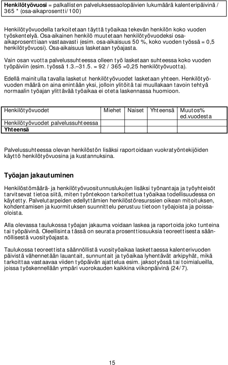 Vain osan vuotta palvelussuhteessa olleen työ lasketaan suhteessa koko vuoden työpäiviin (esim. työssä 1.3. 31.5. = 92 / 365 =0,25 henkilötyövuotta).