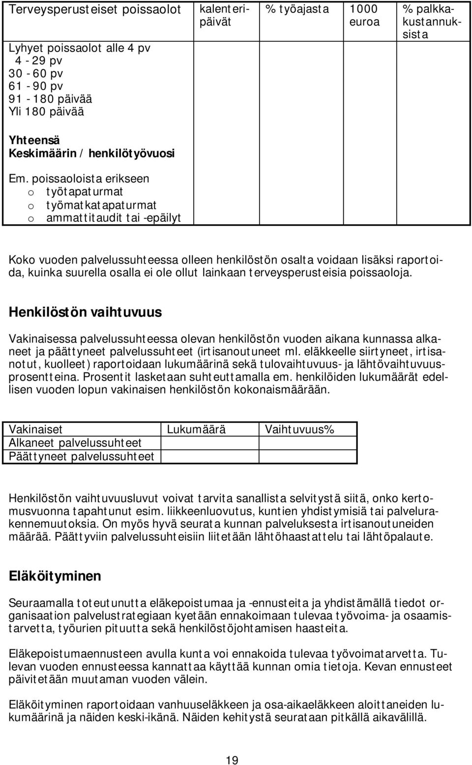 poissaoloista erikseen o työtapaturmat o työmatkatapaturmat o ammattitaudit tai -epäilyt Koko vuoden palvelussuhteessa olleen henkilöstön osalta voidaan lisäksi raportoida, kuinka suurella osalla ei