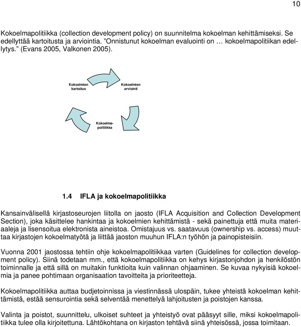 4 IFLA ja kokoelmapolitiikka Kansainvälisellä kirjastoseurojen liitolla on jaosto (IFLA Acquisition and Collection Development Section), joka käsittelee hankintaa ja kokoelmien kehittämistä - sekä