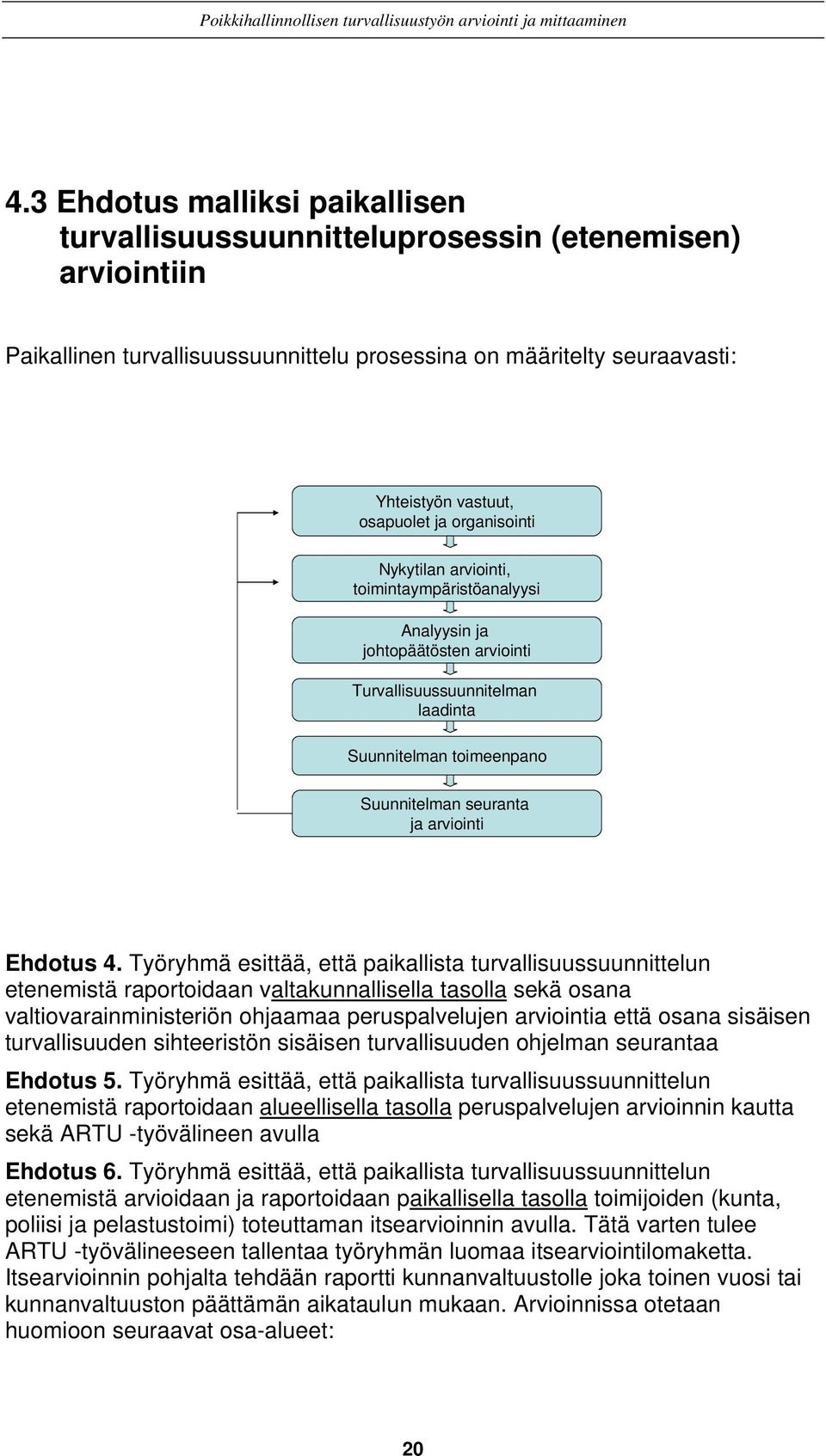 4. Työryhmä esittää, että paikallista turvallisuussuunnittelun etenemistä raportoidaan valtakunnallisella tasolla sekä osana valtiovarainministeriön ohjaamaa peruspalvelujen arviointia että osana