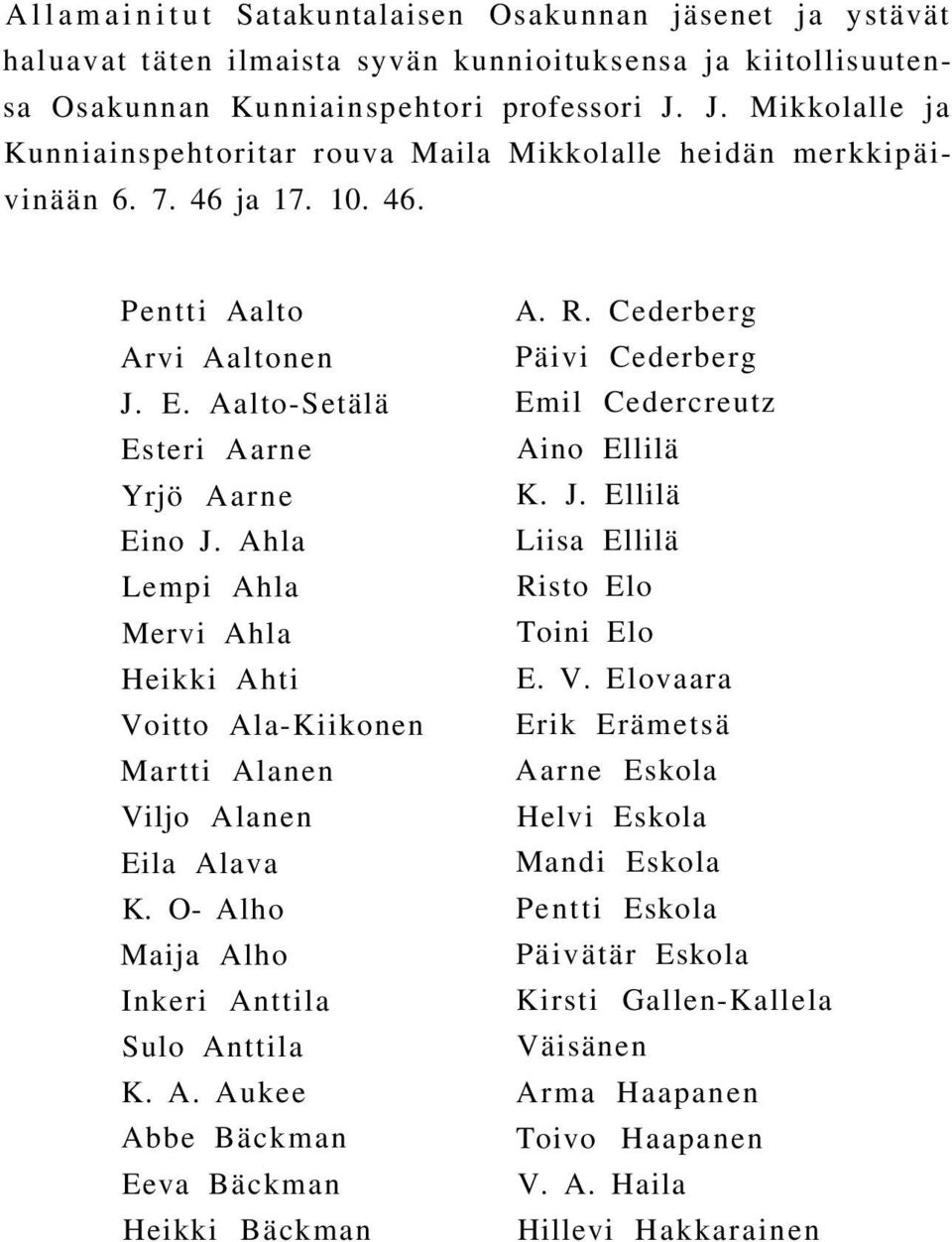 Aalto-Setälä Emil Cedercreutz Esteri Aarne Aino Ellilä Yrjö Aarne K. J. Ellilä Eino J. Ahla Liisa Ellilä Lempi Ahla Risto Elo Mervi Ahla Toini Elo Heikki Ahti E. V.