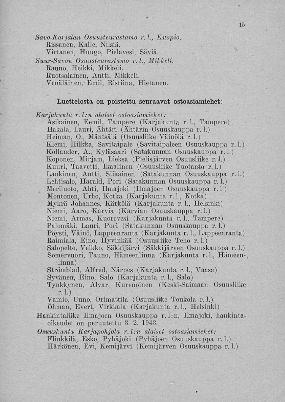 L, Tampere) Hakala, Lauri, Ähtäri (Ähtärin Osuuskauppa r. 1.) Heiman, 0., Mäntsälä (Osuusliike Väinölä r. 1.) Klemi, Hilkka, Savitaipale (Savitaipaleen Osuuskauppa r. 1.) Kollander, A.