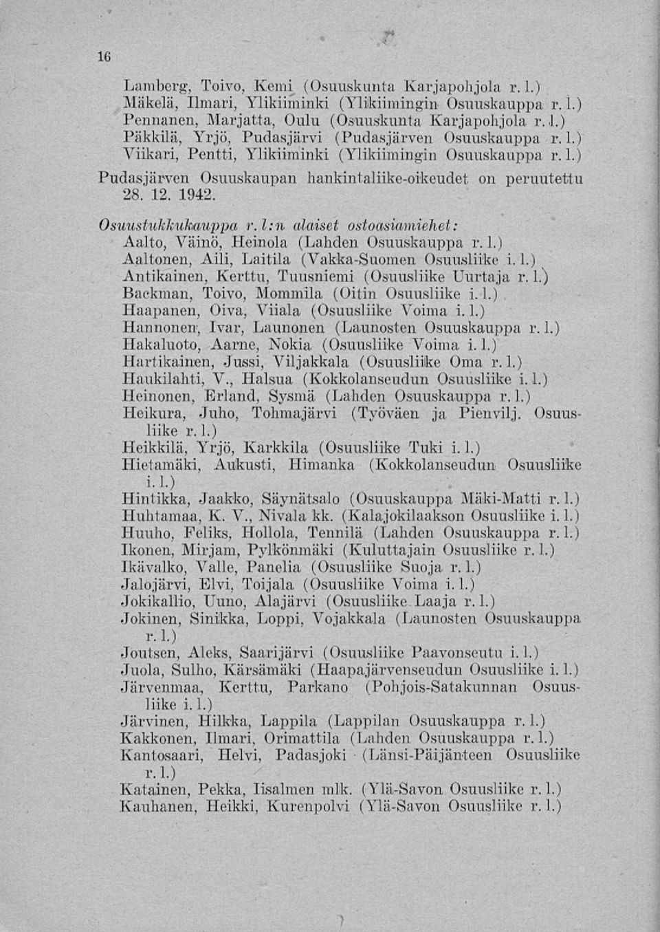 l:n alaiset ostoasiamiehet: Aalto, Väinö, Heinola (Lahden Osuuskauppa r. 1.) Aaltonen, Aili, Laitila (Vakka-Suomen Osuusliike i. 1.) Antikainen, Kerttu, Tuusniemi (Osuusliike Uurtaja r. 1.) Backman, Toivo, Mommila (Oitin Osuusliike i.