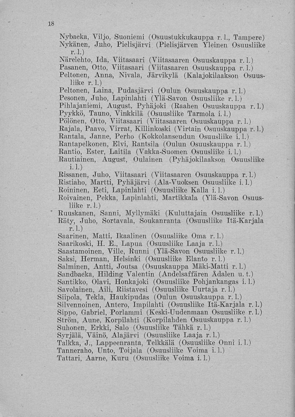 1.) Pyykkö, Tauno, Vinlkkilä (Osuusliike Tarmola i.1.) Pölönen, Otto, Viitasaari (Viitasaaren Osuuskauppa r.1.) Rajala, Paavo, Virrat, Killinkoski (Virtain Osuuskauppa r.1.) Rantala, Janne, Perho (Kokkolanseudun Osuusliike i.