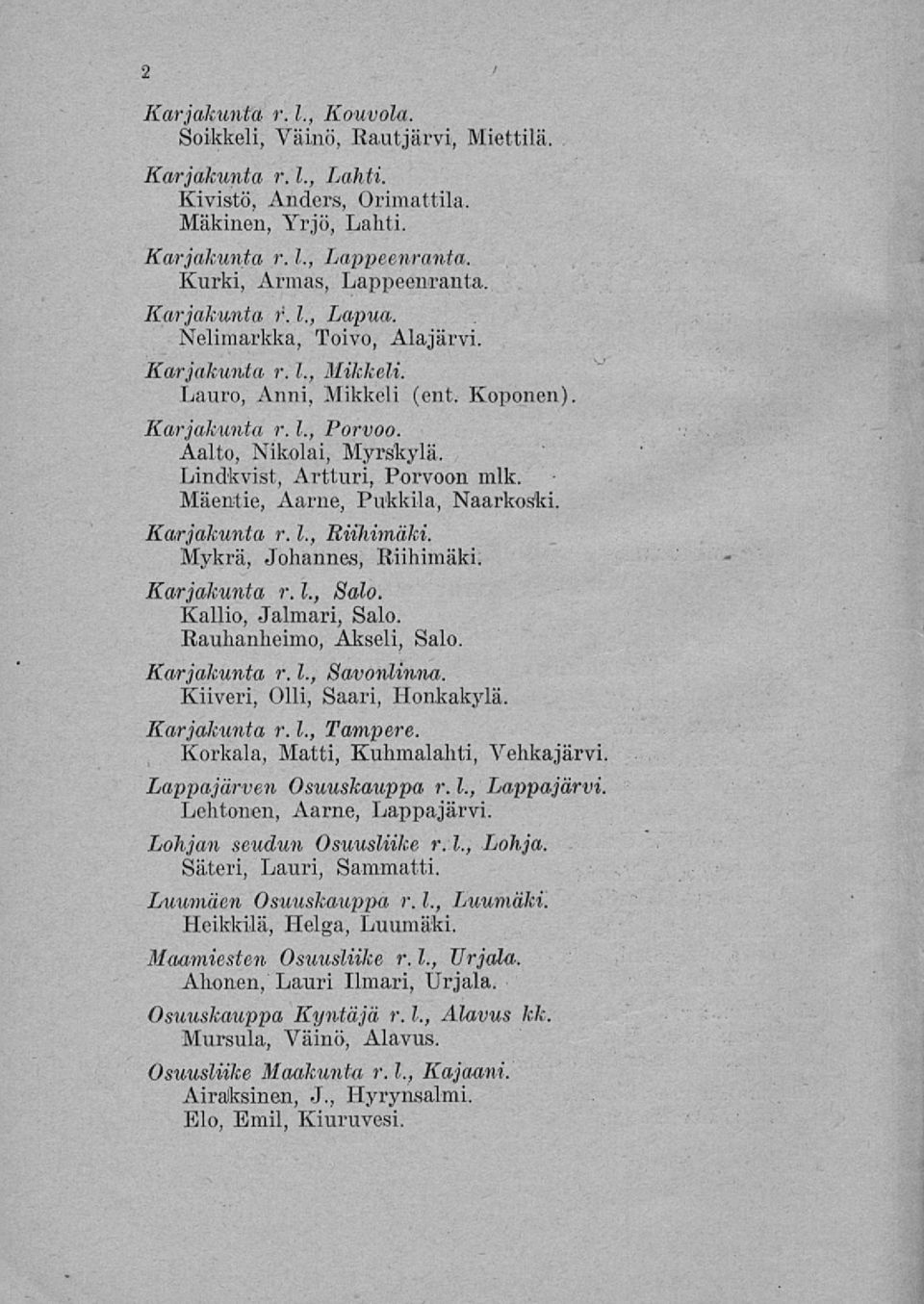 Lindkvist, Artturi, Pox*voon mlk. Mäentie, Aarne, Pukkila, Naarkoski. Karjakunta r. 1., Riihimäki. Mykrä, Johannes, Riihimäki. Karjakunta r. 1., Salo. Kallio, Jalmari, Salo. Rauhanheimo, Akseli, Salo.