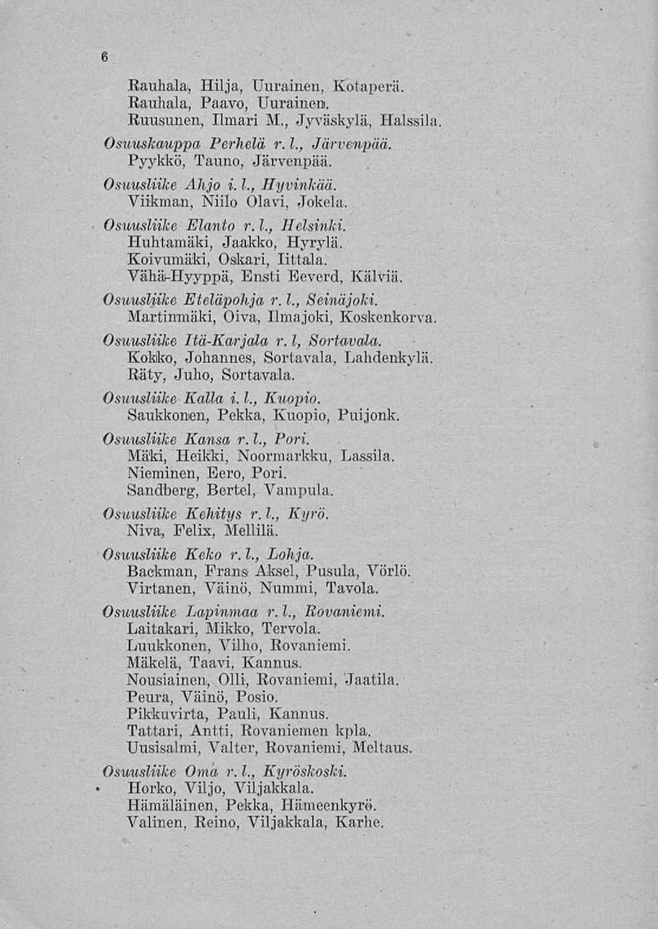 Martinmäki, Oiva, Ilmajoki, Koskenkorva. Osuusliike Itä-Karjala r. I, Sortavala. Kokko, Johannes, Sortavala, Lahdenkylä. Räty, Juho, Sortavala. Osuusliike Kalla i. 1., Kuopio.