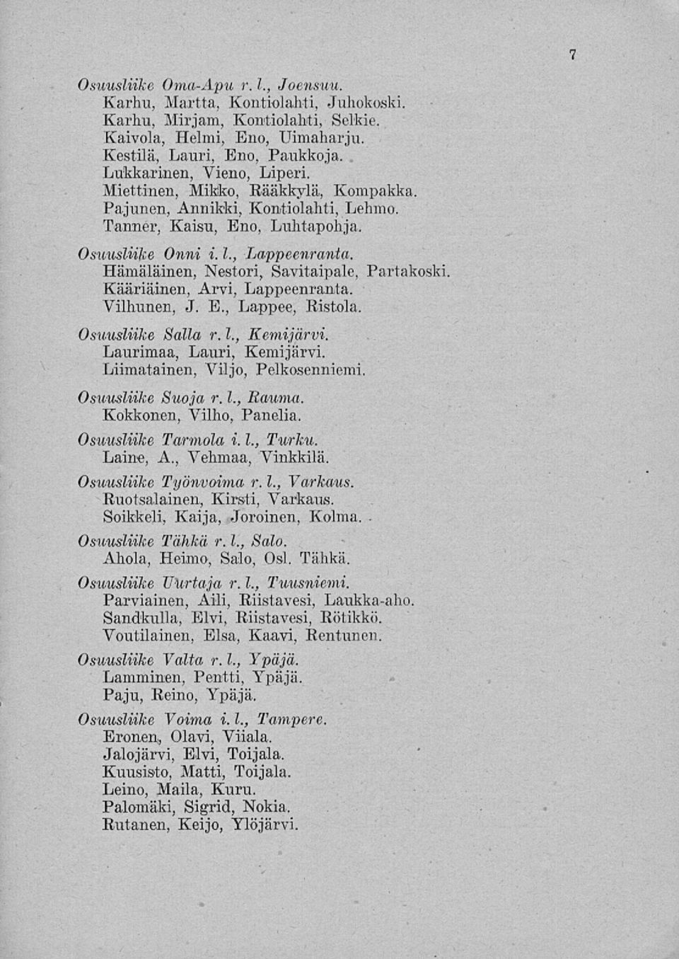 , Lappeenranta. Hämäläinen, Nestori, Savitaipale, Partakoski. Kääriäinen, Arvi, Lappeenranta. Vilhunen, j. E., Lappee, Ristola. Osuusliike Salla r. 1., Kemijärvi. Laurimaa, Lauri, Kemijärvi.