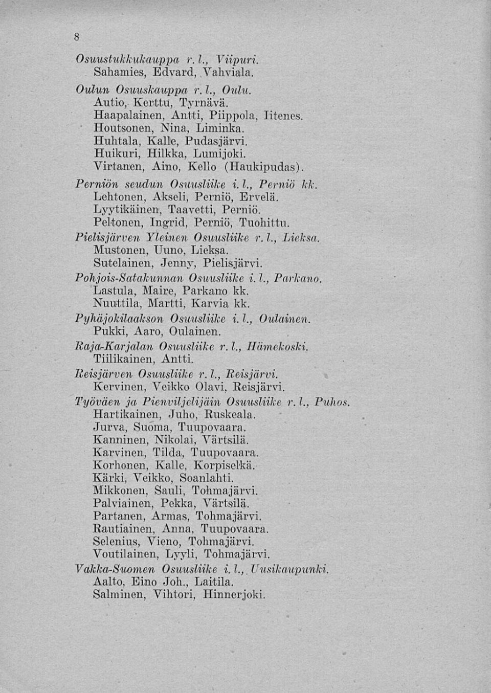 Peltonen, Ingrid, Perniö, Tuohittu. Pielisjärven Yleinen Osuusliike r. 1., Lieksa. Mustonen, Uuno, Lieksa. Sutelainen, Jenny, Pielisjärvi. Pohjois-Satakunnan Osuusliike i. 1., Parkano.