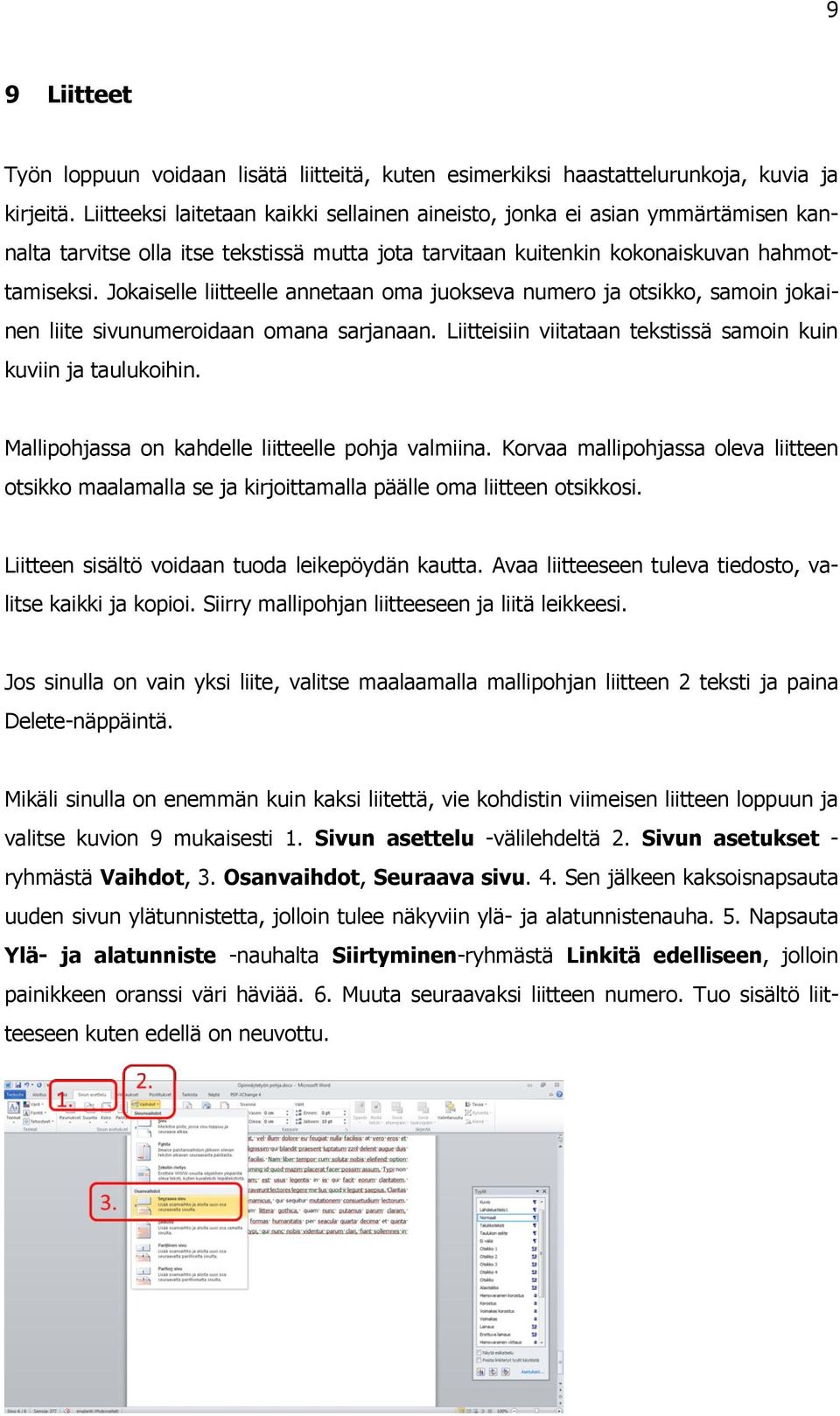 Jokaiselle liitteelle annetaan oma juokseva numero ja otsikko, samoin jokainen liite sivunumeroidaan omana sarjanaan. Liitteisiin viitataan tekstissä samoin kuin kuviin ja taulukoihin.