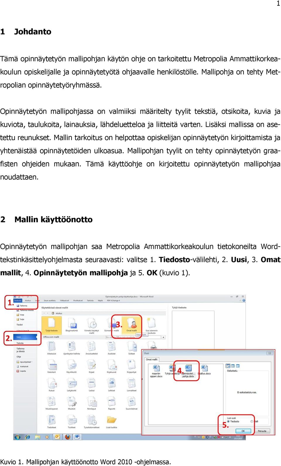 Opinnäytetyön mallipohjassa on valmiiksi määritelty tyylit tekstiä, otsikoita, kuvia ja kuviota, taulukoita, lainauksia, lähdeluetteloa ja liitteitä varten. Lisäksi mallissa on asetettu reunukset.