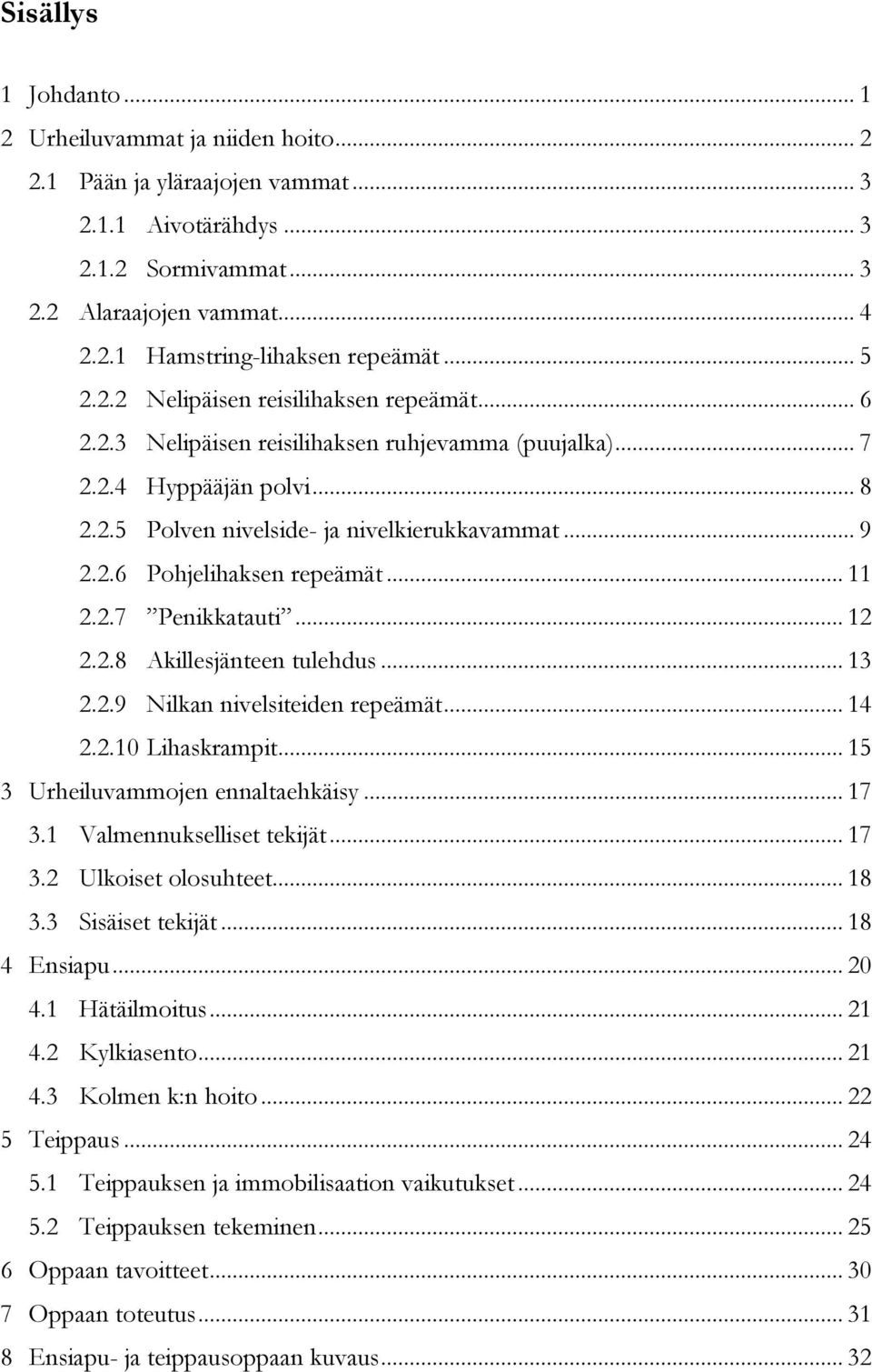 .. 11 2.2.7 Penikkatauti... 12 2.2.8 Akillesjänteen tulehdus... 13 2.2.9 Nilkan nivelsiteiden repeämät... 14 2.2.10 Lihaskrampit... 15 3 Urheiluvammojen ennaltaehkäisy... 17 3.