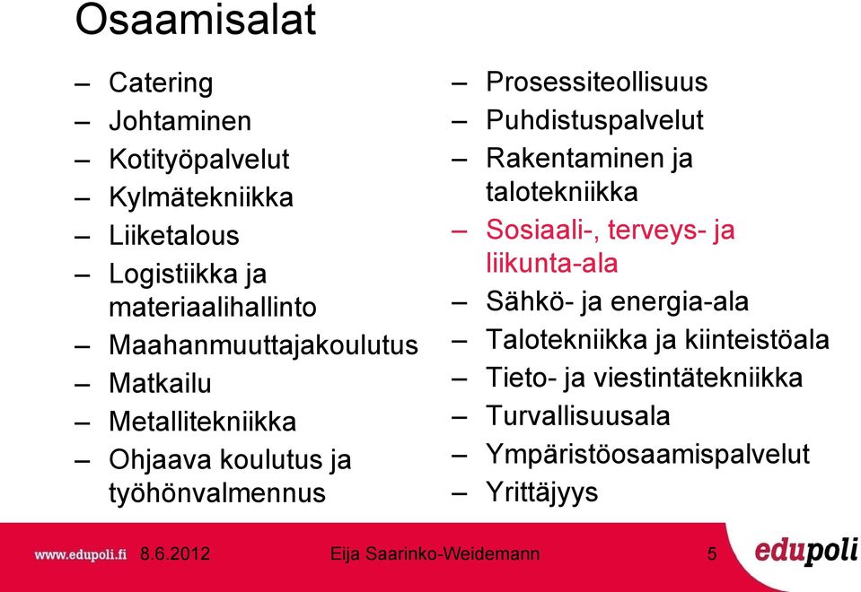 Prosessiteollisuus Puhdistuspalvelut Rakentaminen ja talotekniikka Sosiaali-, terveys- ja liikunta-ala
