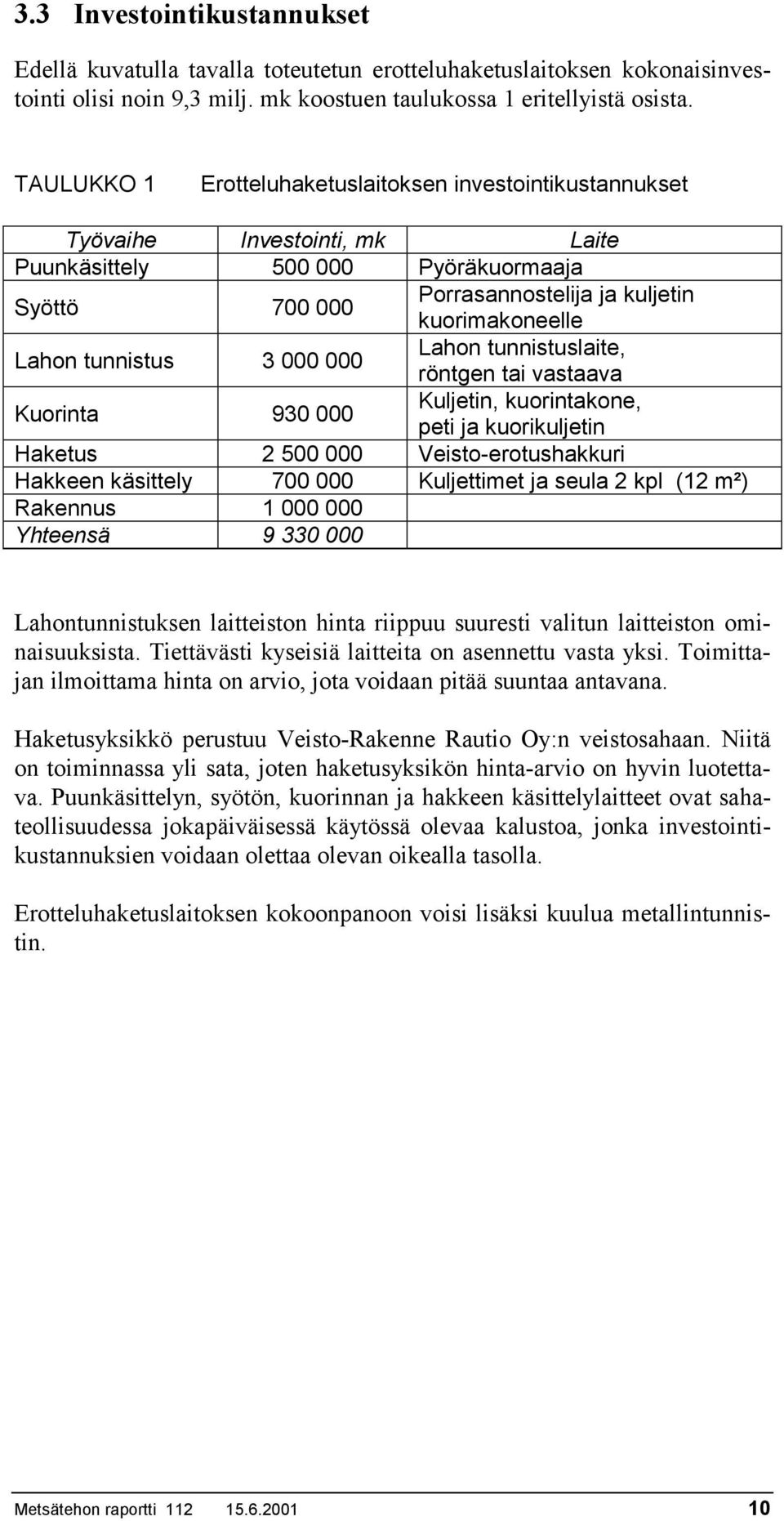 tunnistus 3 000 000 Lahon tunnistuslaite, röntgen tai vastaava Kuorinta 930 000 Kuljetin, kuorintakone, peti ja kuorikuljetin Haketus 2 500 000 Veisto-erotushakkuri Hakkeen käsittely 700 000