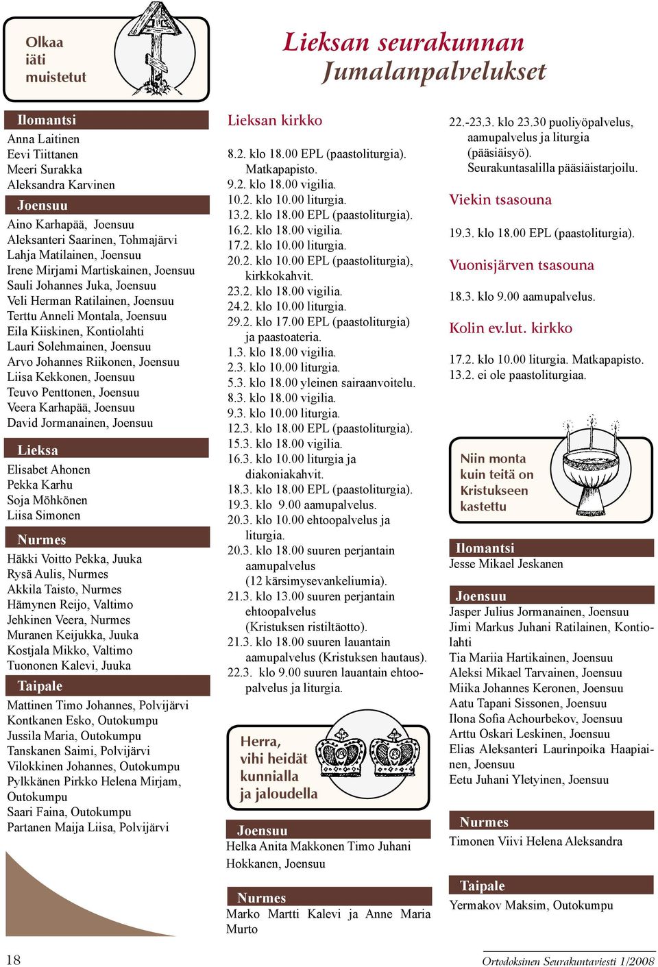 Solehmainen, Joensuu Arvo Johannes Riikonen, Joensuu Liisa Kekkonen, Joensuu Teuvo Penttonen, Joensuu Veera Karhapää, Joensuu David Jormanainen, Joensuu Lieksa Elisabet Ahonen Pekka Karhu Soja