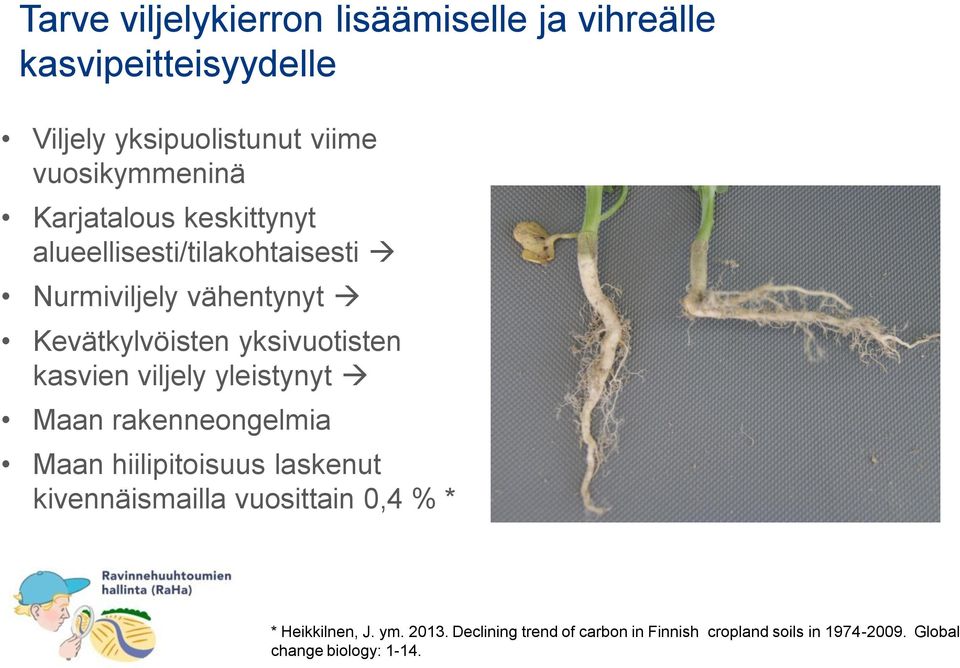 kasvien viljely yleistynyt Maan rakenneongelmia Maan hiilipitoisuus laskenut kivennäismailla vuosittain 0,4 % * *